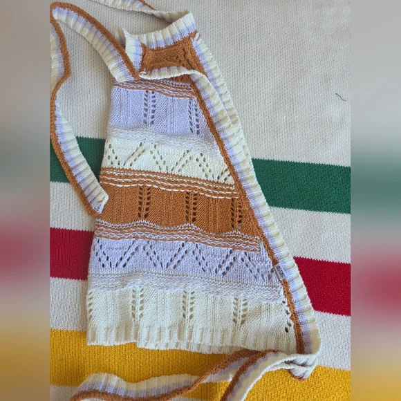 Sisstrevolution knit Back Tie Striped Pointelle Crochet Halter Crop Top S M NEW - Picture 5 of 8